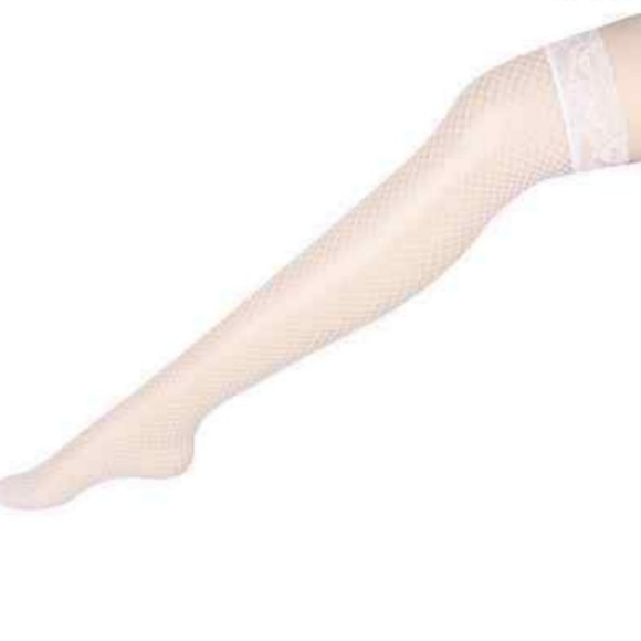 White Fishnet Thigh High Tights Stocking O/S - Picture 3 of 4